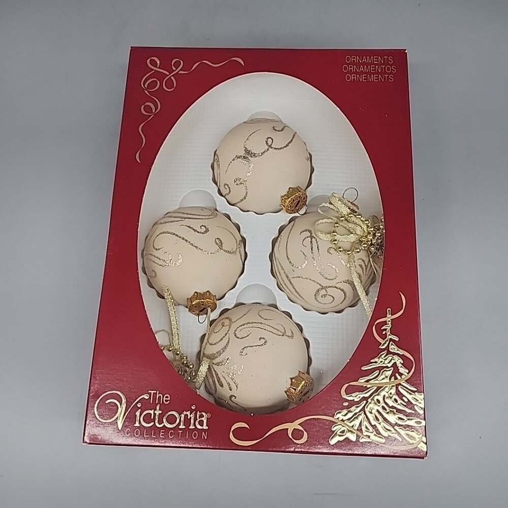 Set of 4 Victoria Rauch Glass Christmas Ornaments 2" Balls Gold sparkly USA